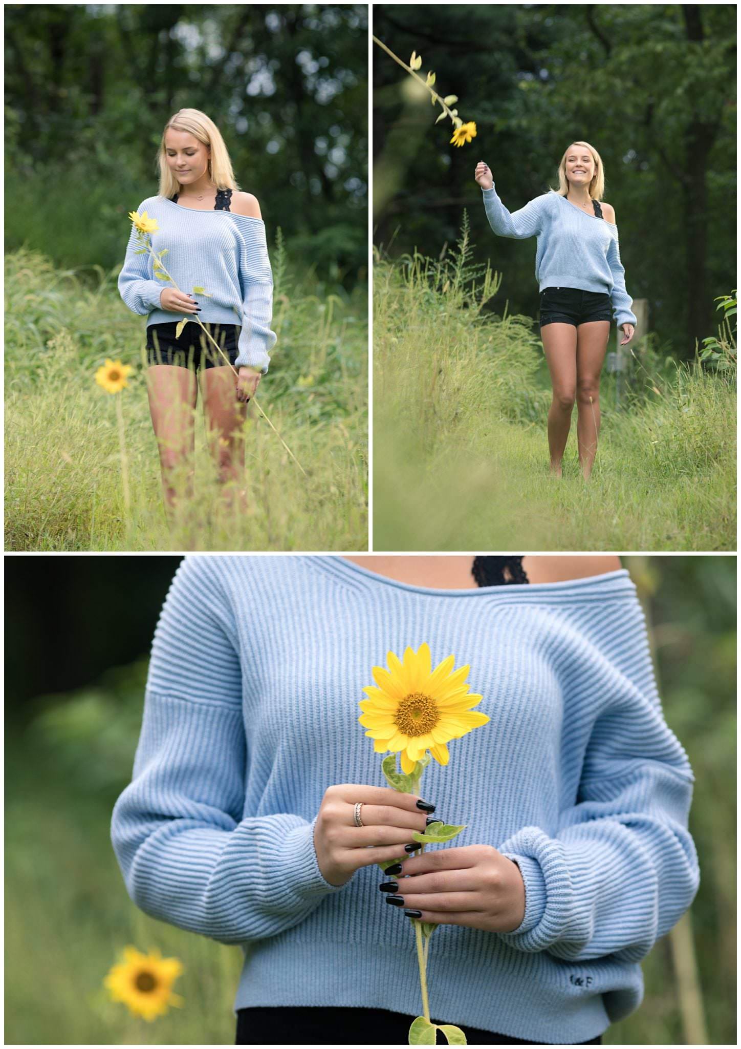 Outdoor senior portrait in field with sunflowers