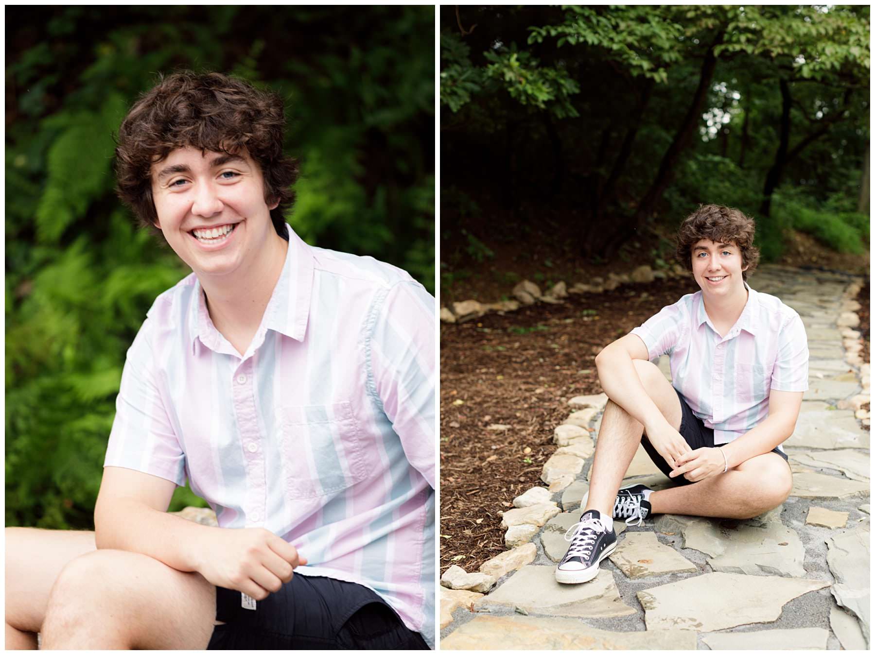 graduation pictures on stone pathway
