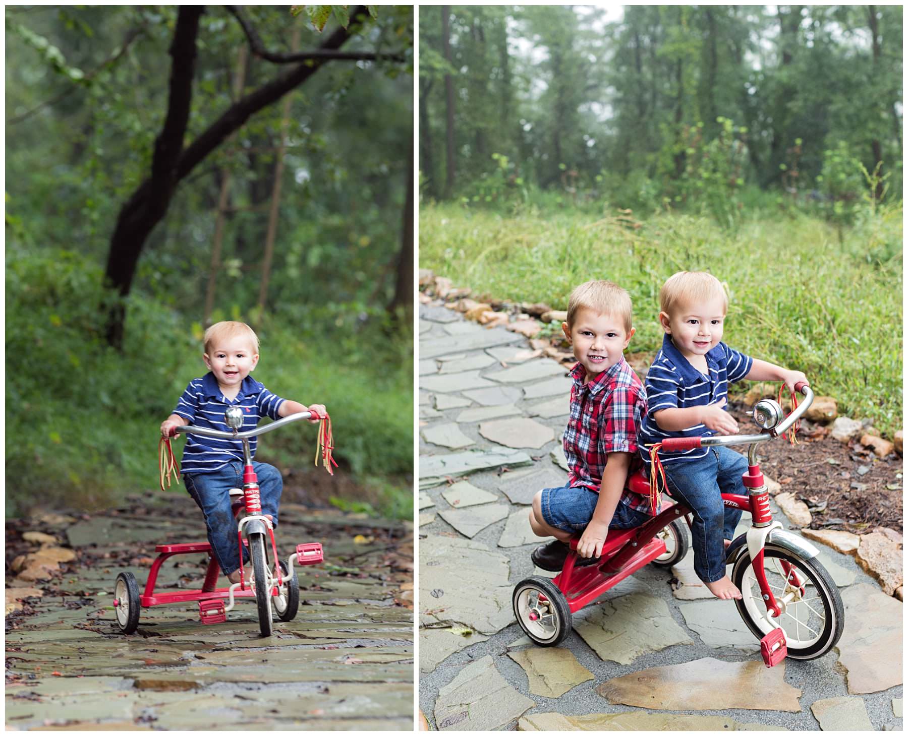 Outdoor siblings portraits on stone pathway with bike