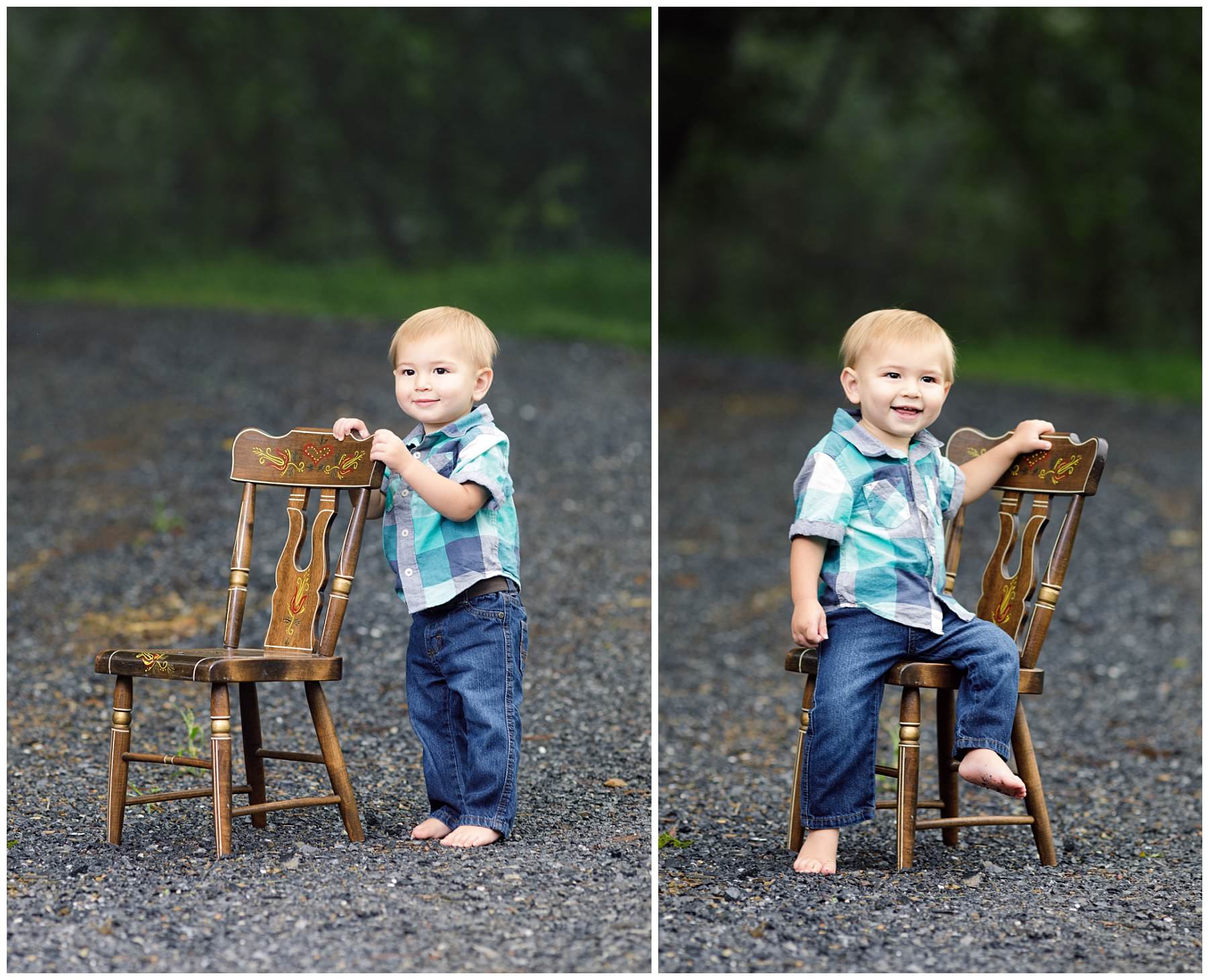 Outdoor kids portraits on stones with chair