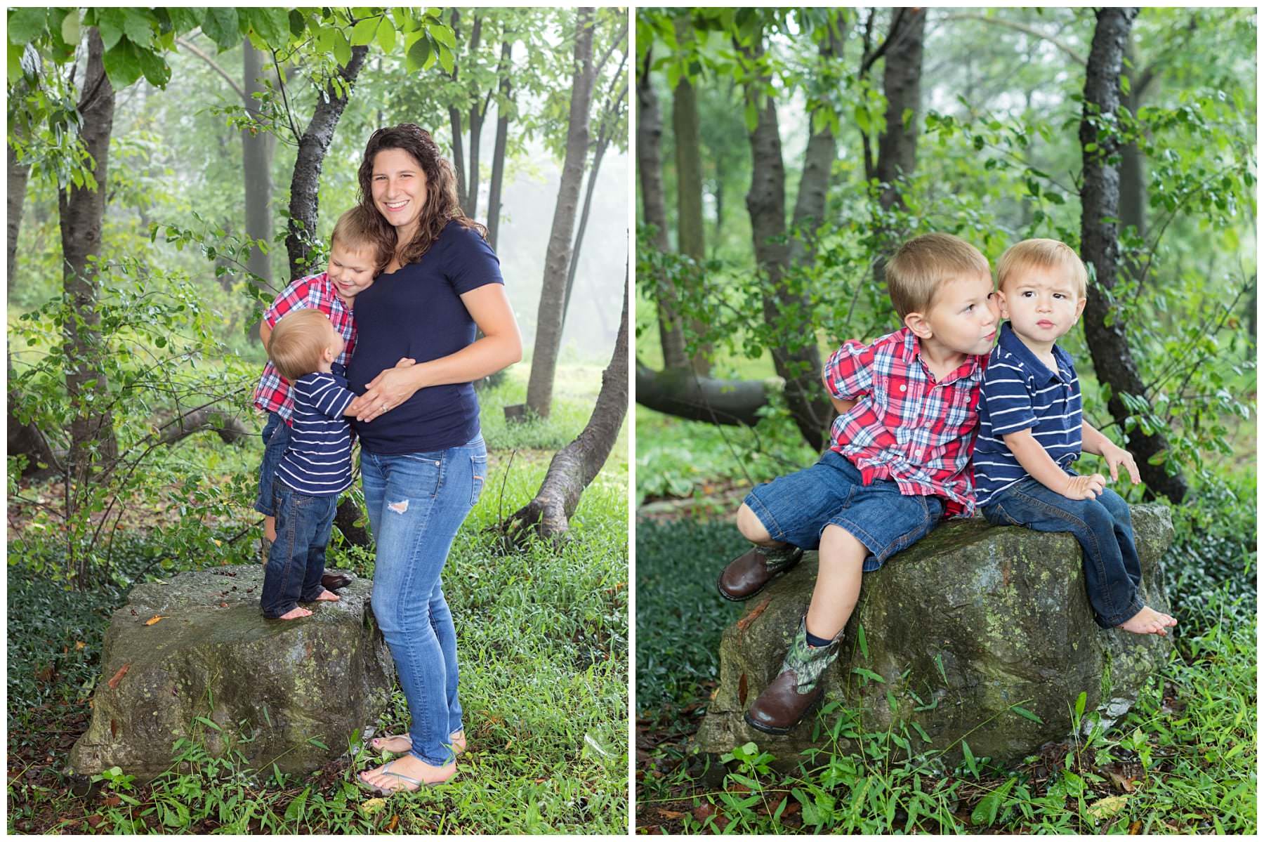 Outdoor kids portraits in woods with mother