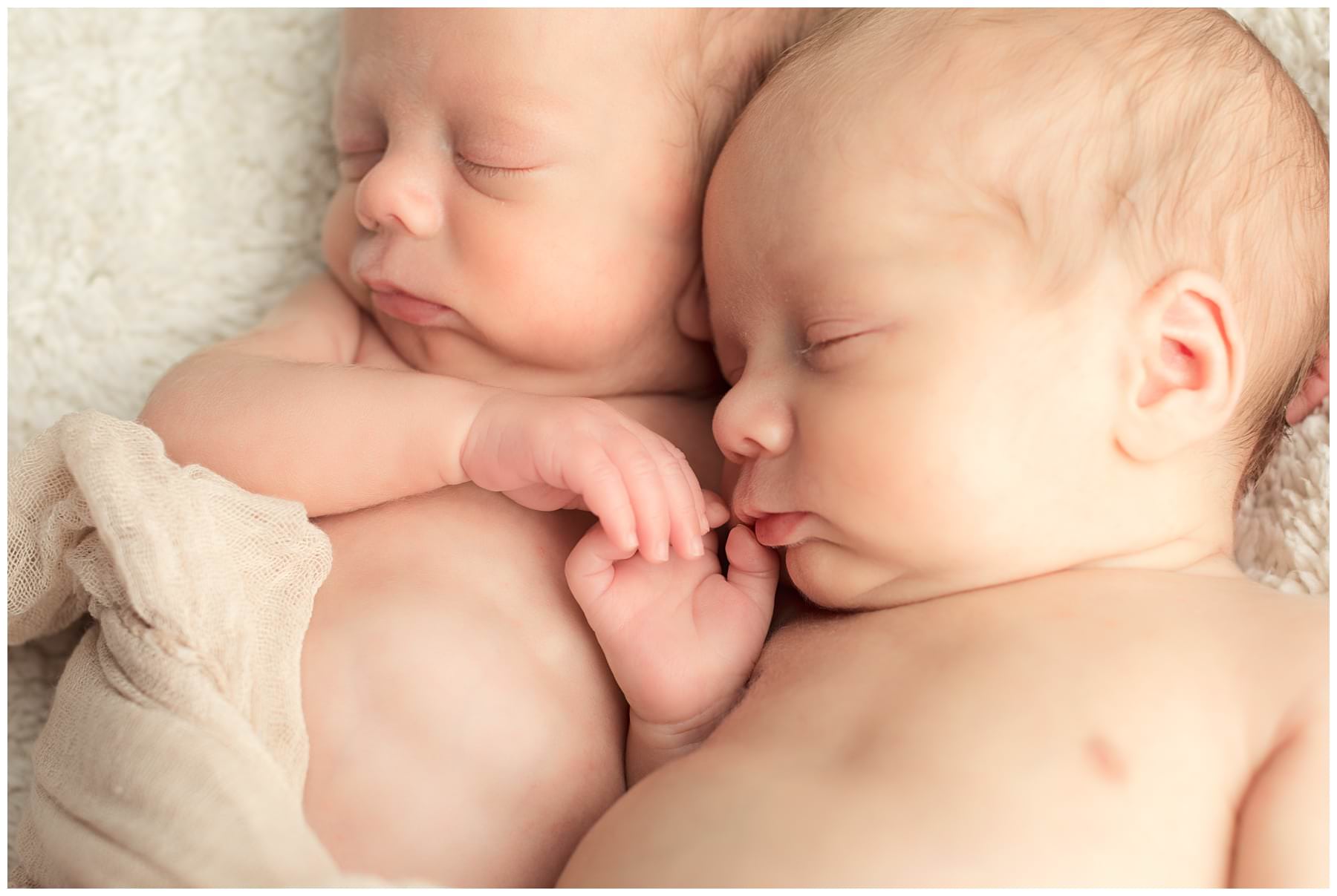 newborn twins on cream backdrop in studio