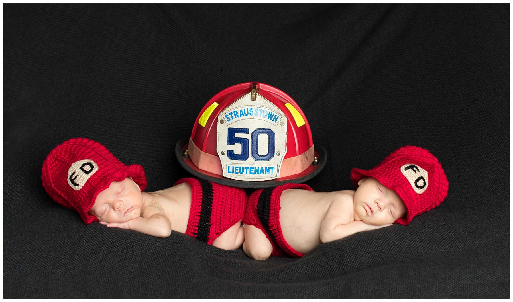 firefighter themed newborn twin photo in studio