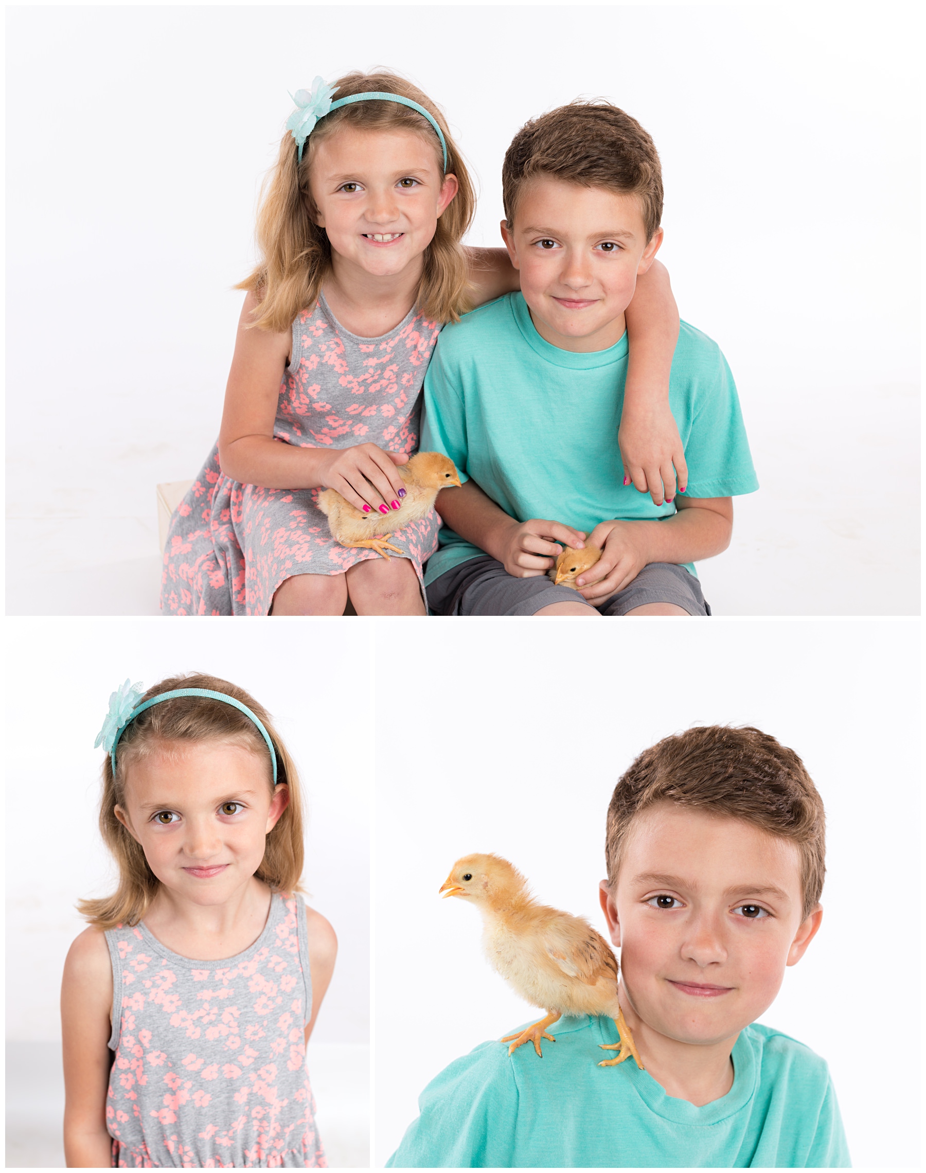 Brother and sister portraits with baby chicks