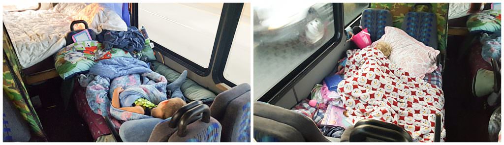 kids beds in modified bus for road trip