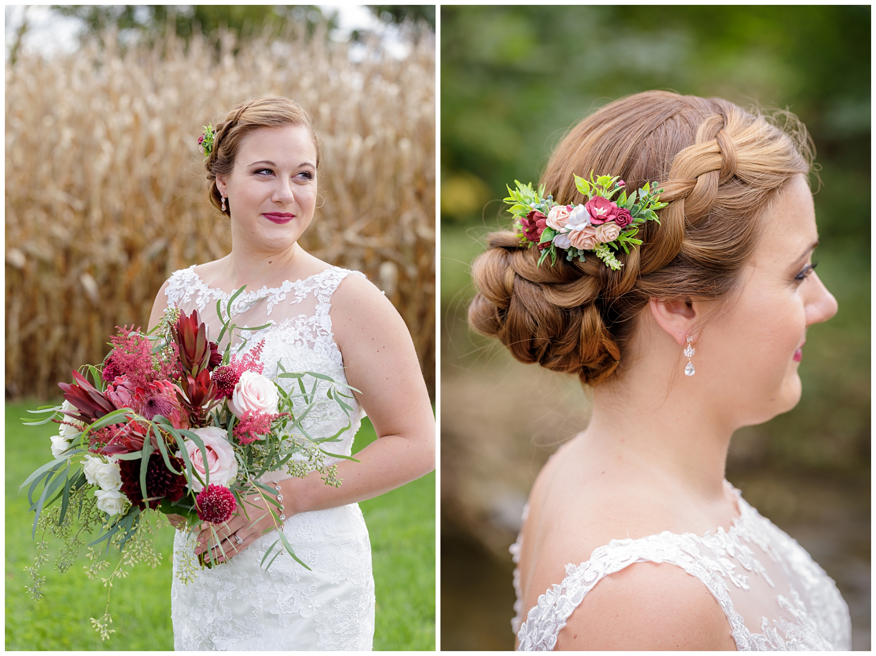 bridal updo with flowers for fall wedding