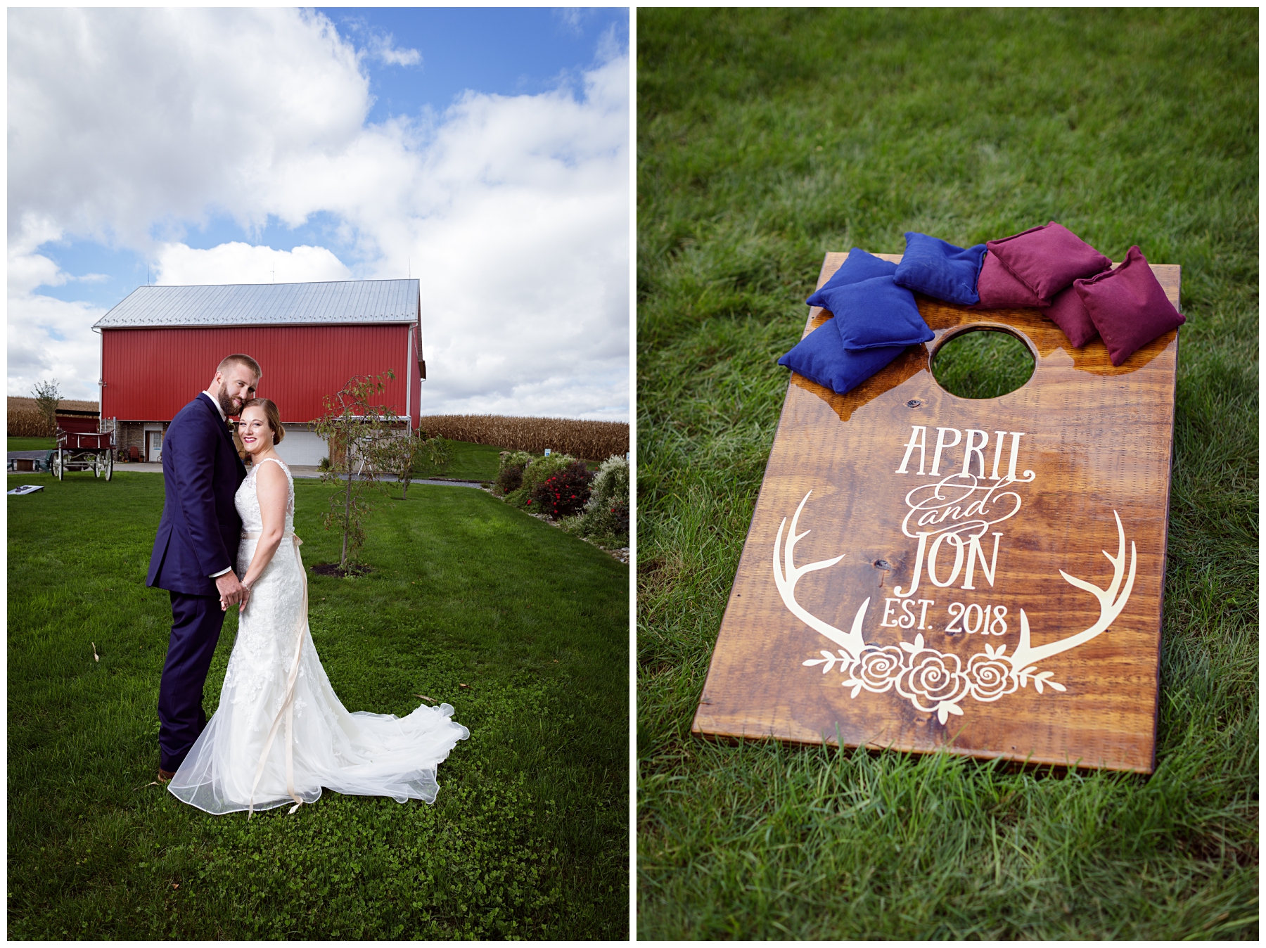 bride and groom poses with barn