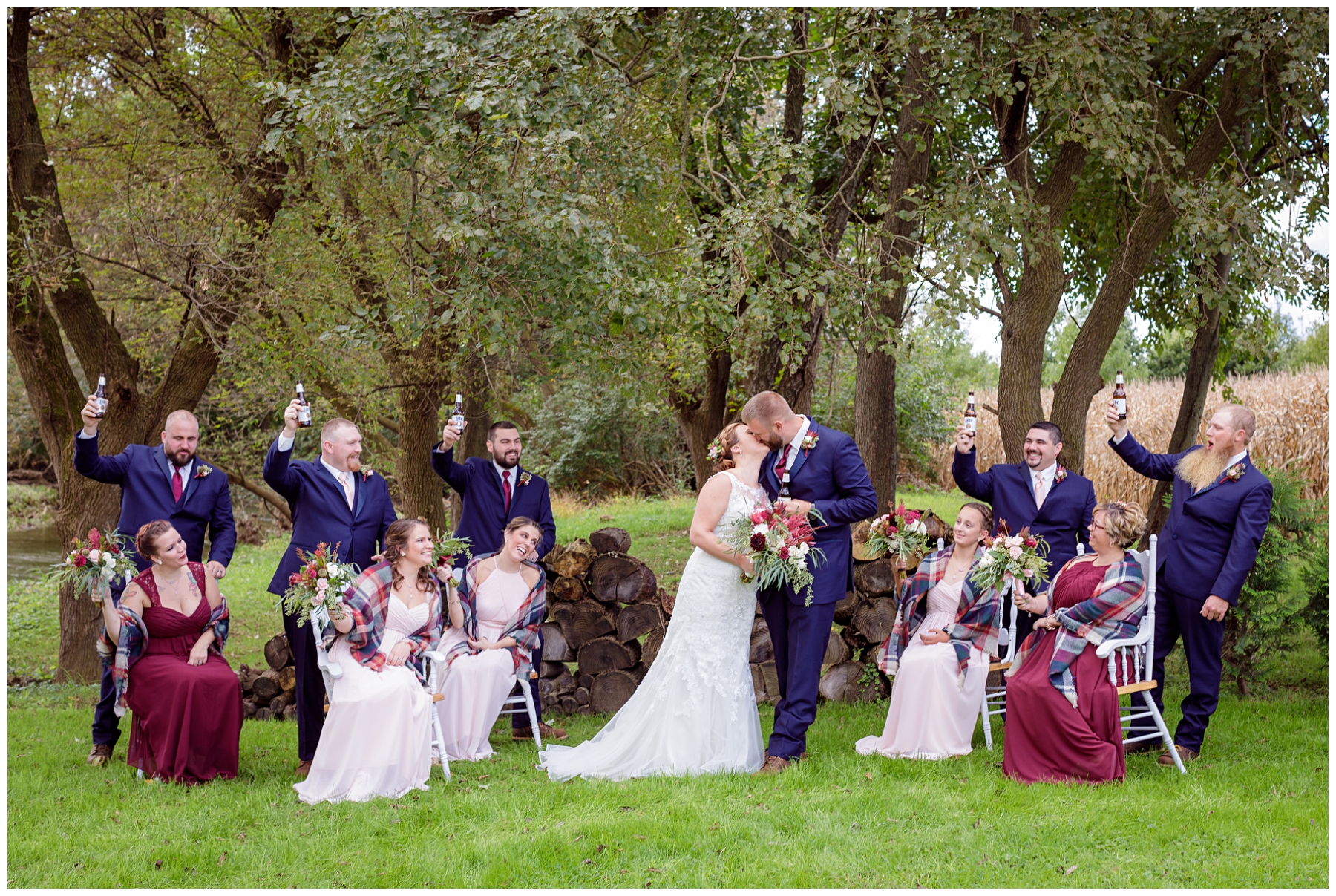 bridal party photos outdoors in fall