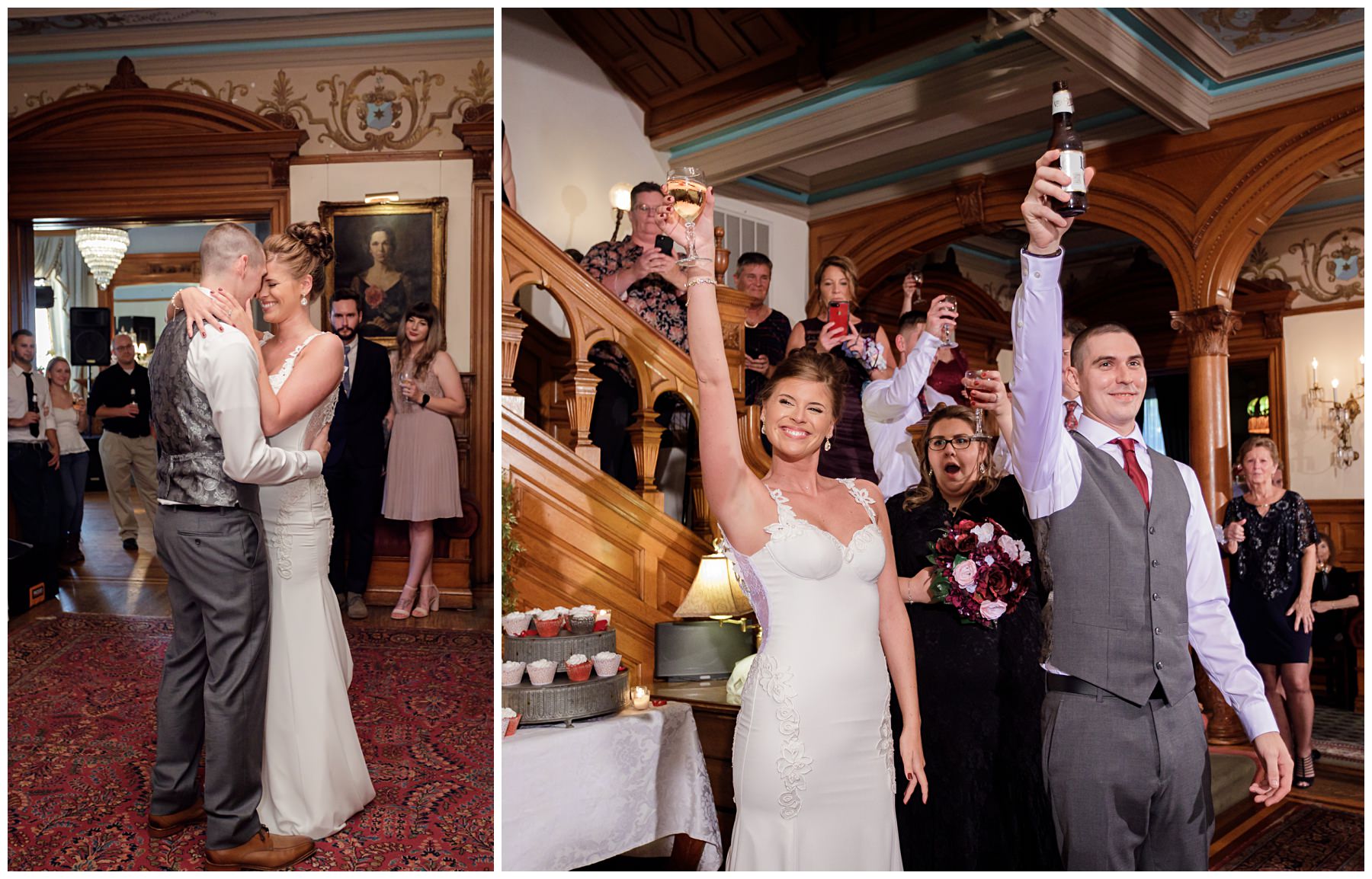 bride and groom toast with beer at historic hotel